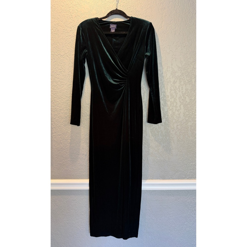 Hillard &‎ Hanson Dark Green Velvet Maxi Dress Long Sleeve Ruched V-Neck Size 6